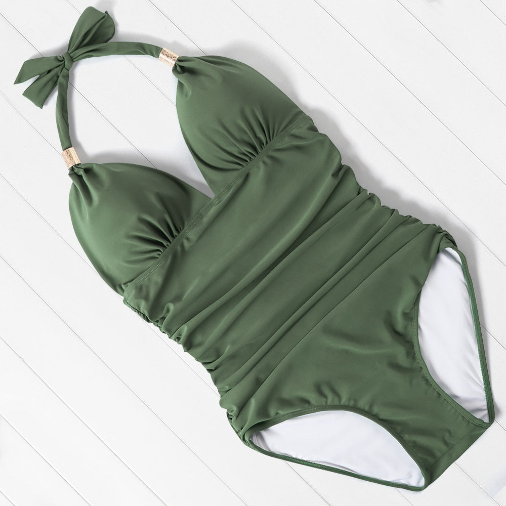 Voguable One Piece Swimsuit Women Solid Bathing Suit Halter Bodysuit Push Up Swimsuit Monokini Beachwear Plus Size Swimwear Tankini 2022 voguable