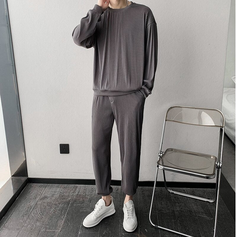 Black/Gray/Purple Pleated Sets Men Fashion Stretch Loose Long-sleeved T-shirt Trousers Two-piece Korean Loose Mens Ice Silk Sets voguable