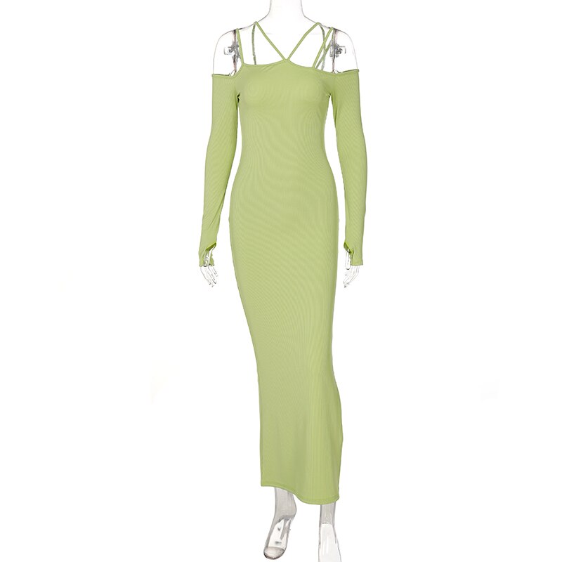 Voguable 2022 Summer Fall Women Fashion Solid Slip Slash Neck Long Sleeves Cut Out Maxi Dress Slim Y2K Streetwear Robe voguable