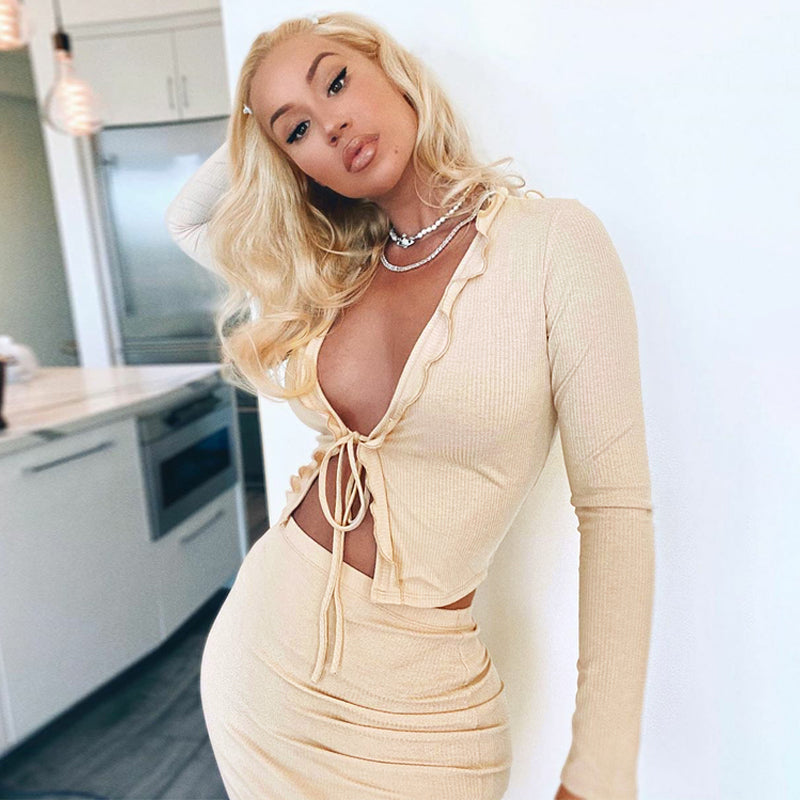 Voguable   ruffles patchwork bandage sexy cardigan skirt 2 piece set autumn winter women fashion streetwear tshirt tracksuit voguable