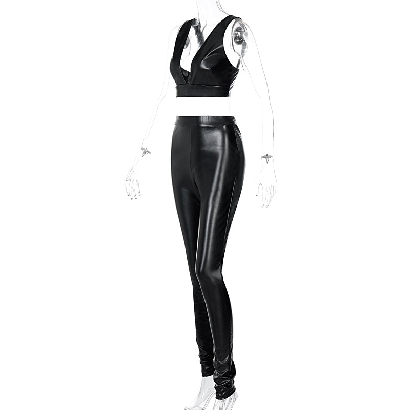 Voguable   Sleeveless Solid Pu Leather Backless Bra Top Leggings 2 Pieces Set Autumn Winter Women Sexy Streetwear Tracksuit voguable