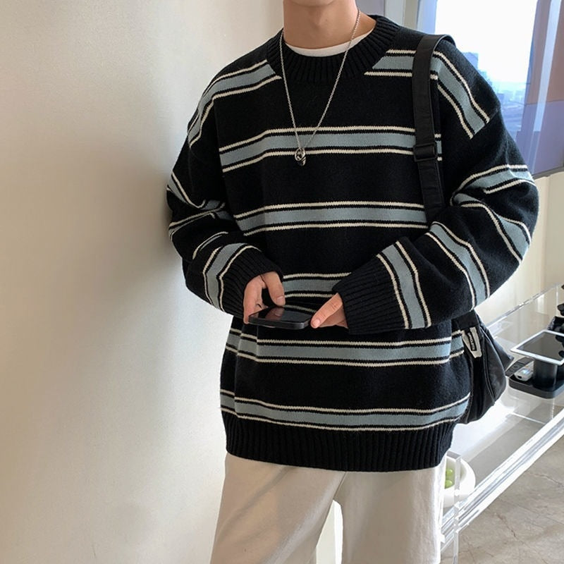 Voguable Striped Sweater Men Round Neck Winter Pullover Sweater Korean Fashion Harajuku Loose Wild Long Sleeve Sweater Oversize voguable