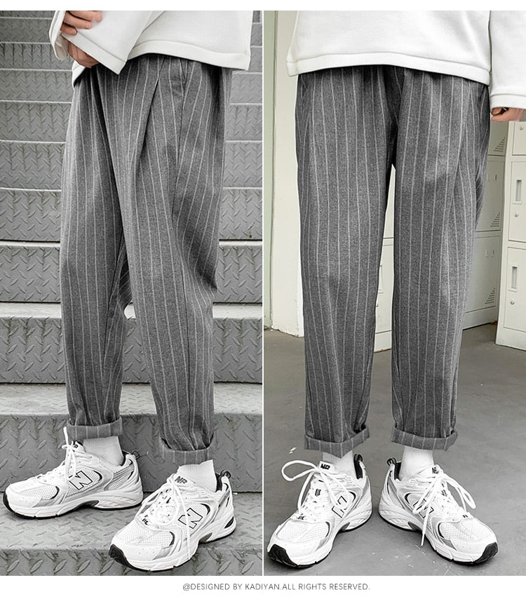 Voguable Korean Striped Harem Pants Men's 2021 Streetwear Man Casual Loose Japanese Men Black Gray Retro Plaid Harajuku Punk Pants voguable