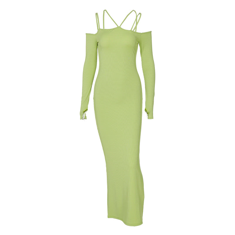 Voguable 2022 Summer Fall Women Fashion Solid Slip Slash Neck Long Sleeves Cut Out Maxi Dress Slim Y2K Streetwear Robe voguable