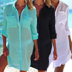 Voguable  Summer Sexy Women Beach See-through Sundress Long Sleeve Shirt Dress Bikini Cover-Ups Lady Swimwear Cover-Ups Beachwear voguable