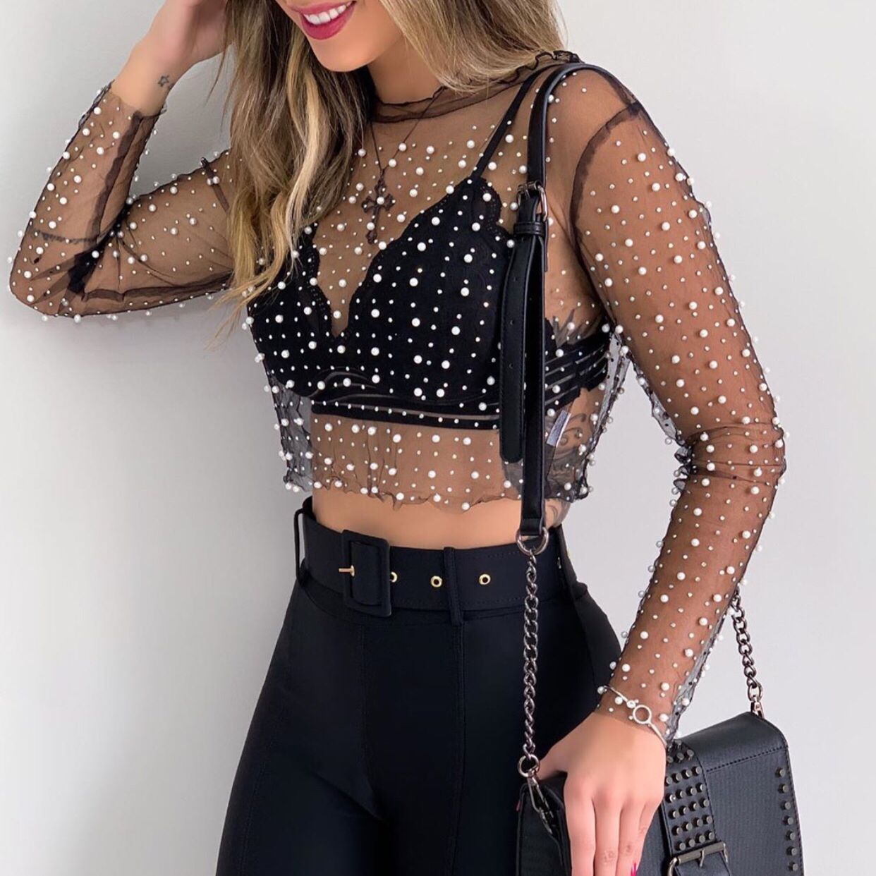 Voguable  Women Transparent O-Neck Long Sleeve Sexy Lace Mesh Shirt Club Party Tops Ladies 2020 Spring Pearl Beading Blouse Blusas voguable