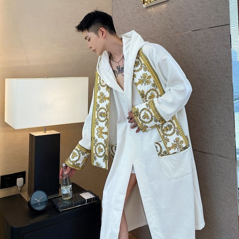 Winter Thickened Comfortable Velvet Light Luxury Hooded Long Nightgown Men's Fashion Robes Belted Warm Clothes 9Y9924 voguable