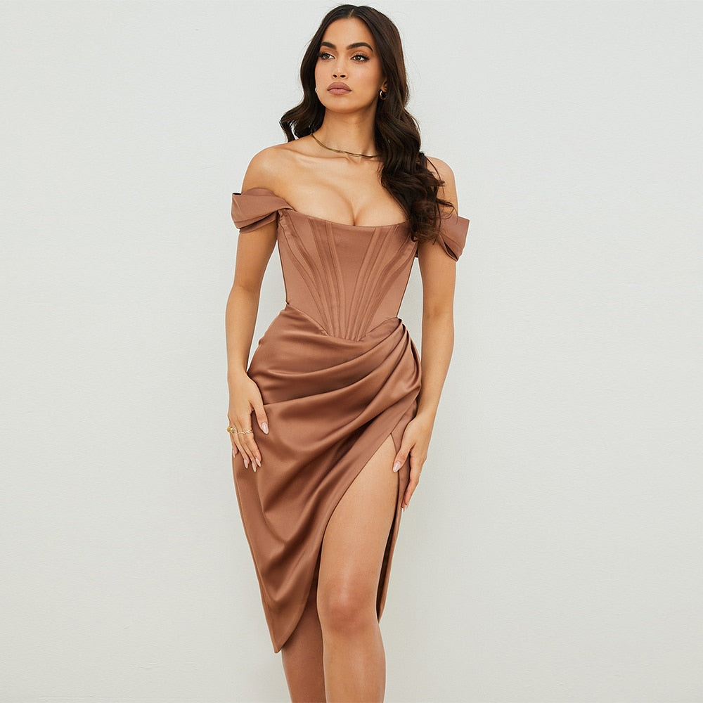 Off the Shoulder Satin Corset Draped Midi Dress Solid Quality Women Elegant Sexy Outfit Celebrity Birthday Party Dress voguable