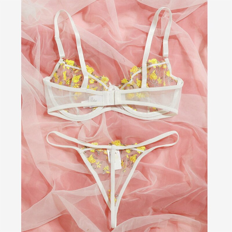 Voguable  2-Piece Floral Bra Set Women Transparent Bra Underwire + Thong Underwear Set Ladies Sexy Lingerie Set voguable