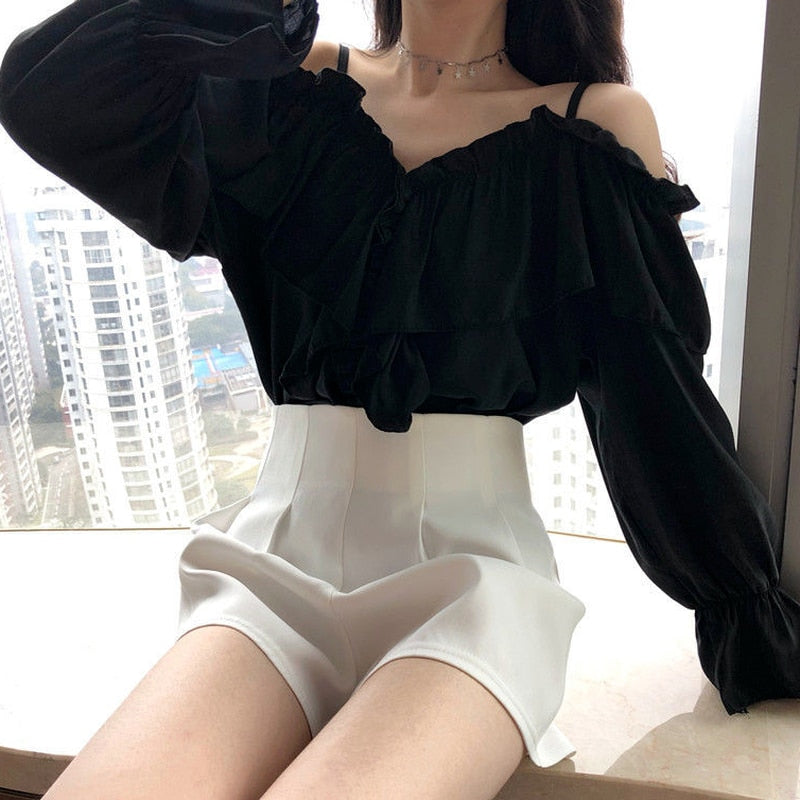 Voguable Off Shoulder Blouses Women Ruffles Sexy Party Design Stylish Ulzzang Solid Feminine Leisure All-match Spring Soft Popular Ins voguable