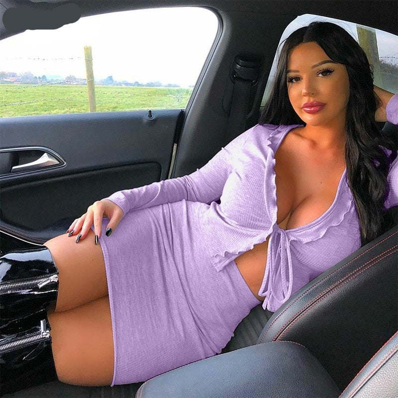 Voguable   ruffles patchwork bandage sexy cardigan skirt 2 piece set autumn winter women fashion streetwear tshirt tracksuit voguable