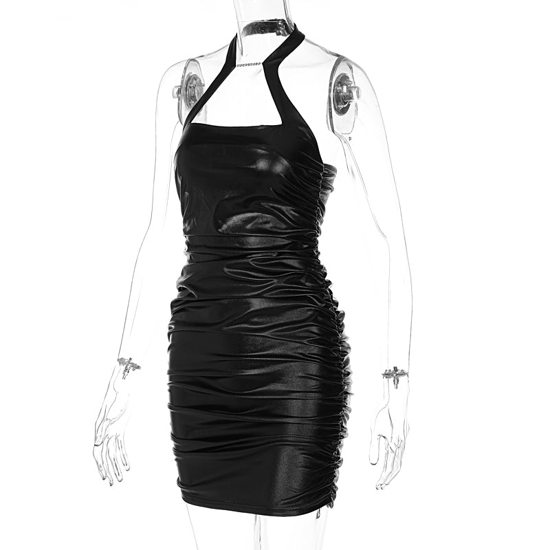 Voguable Pu Leather Solid Halter Sleeveless Masonry Draped Backless Mini Dress 2022 Spring Slim Elegant Street Party Outfits Y2K voguable