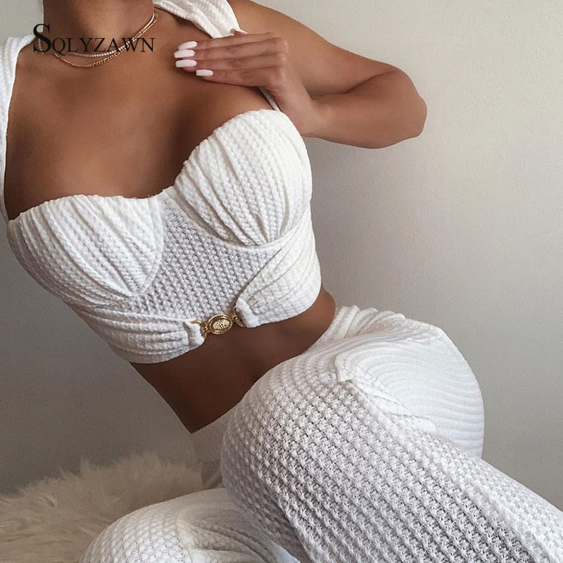 Voguable  2 Piece Set Women Fall Casual Street Loose Stretch Solid OutfitBrand Celebrity Elegant White Knit Camisole and Flared Trouser voguable