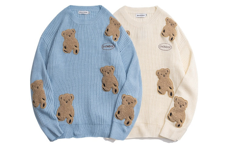 Voguable Patch Bear Knitted Sweaters Harajuku Sweater Cartoon  Pullover Men 2020 Winter Retro Oversized Unisex Couple Streetwear voguable