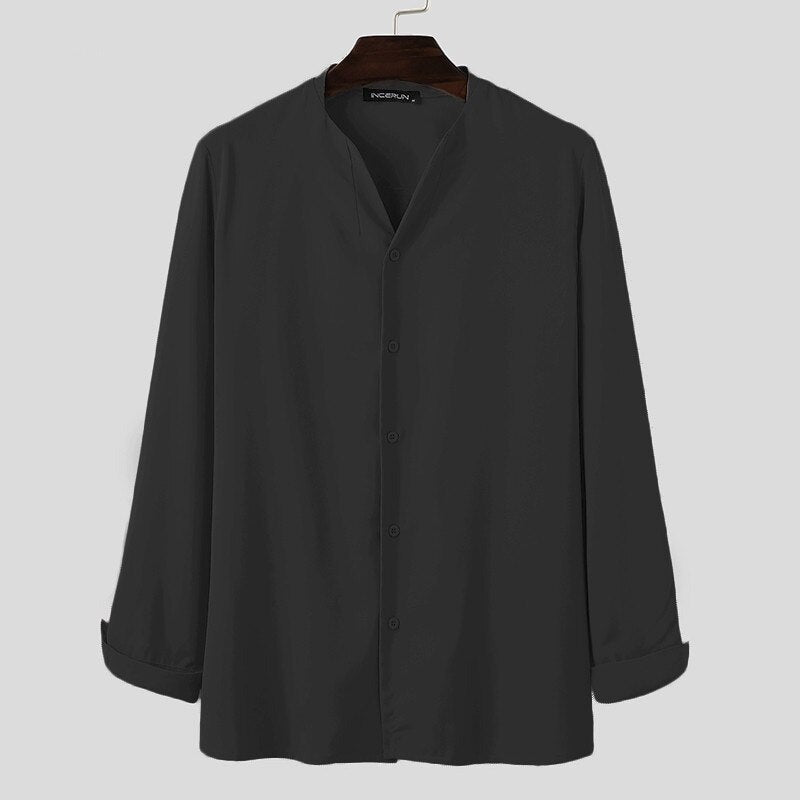 Voguable Fashion Men Brand Shirt Solid Long Sleeve V Neck Chic Button Casual Blouse 2021 Streetwear Korean Style Shirts Camisas voguable