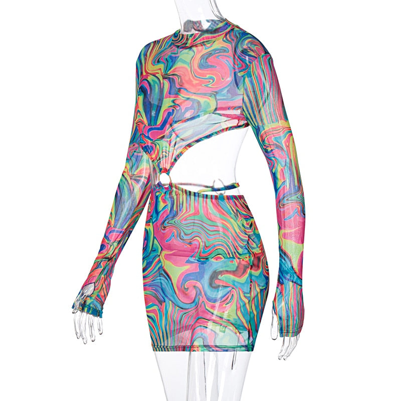 Voguable 2022 Long Sleeve Tie Dye Style Patchwork Sequined Backless Mini Dress Spring Summer Women Fashion Sexy Partywear voguable