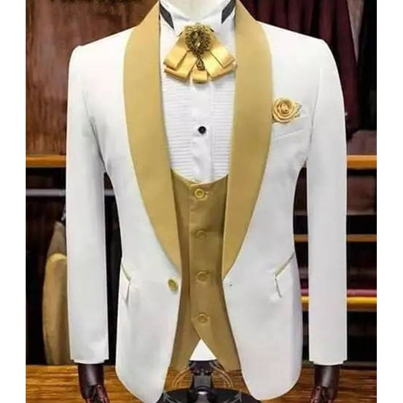 Voguable White Wedding Tuxedo for Groom with Gold Shawl Lapel 3 Piece Custom Slim Fit Men Suits Set Jacket Vest Pant Male Fashion Clothes voguable
