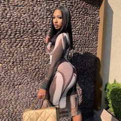 Voguable  2022 Long Sleeve Turtleneck Y2K Print Mesh Skinny Maxi Dress Spring Summer Women Fashion Streetwear Casual Clothing voguable