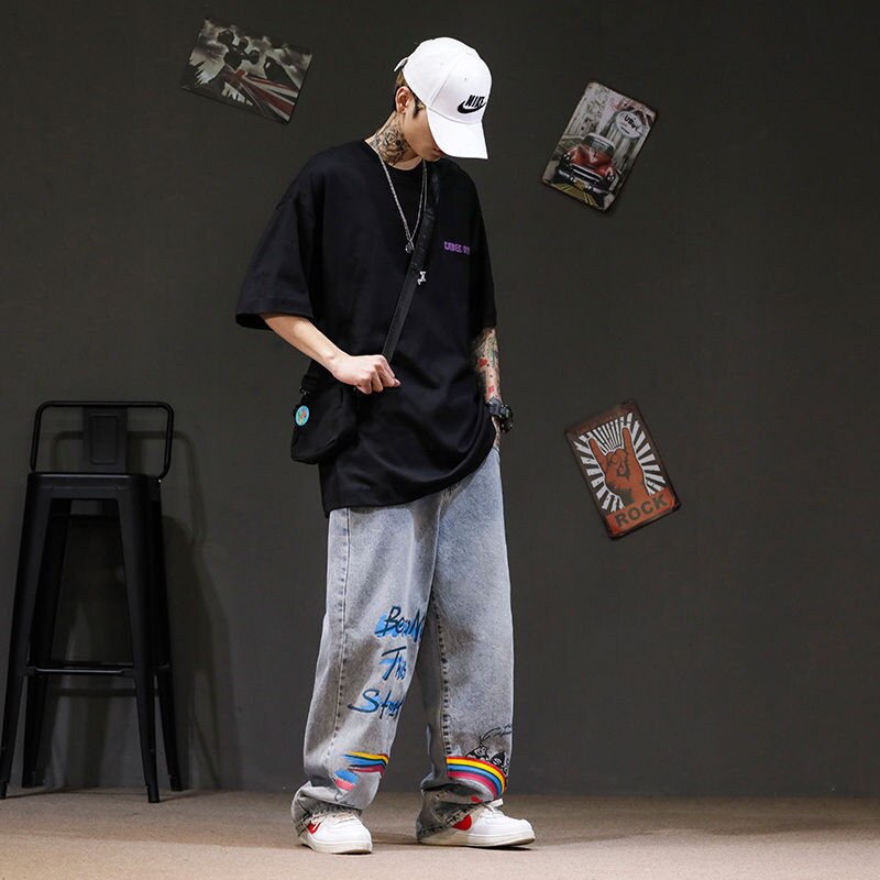 Voguable Rainbow Jeans Men Hip Hop Blue Pants Fashion Retro Baggy  Jeans Harajuku Summer High Street Casual Hip Hop Pant Streetwear Males voguable
