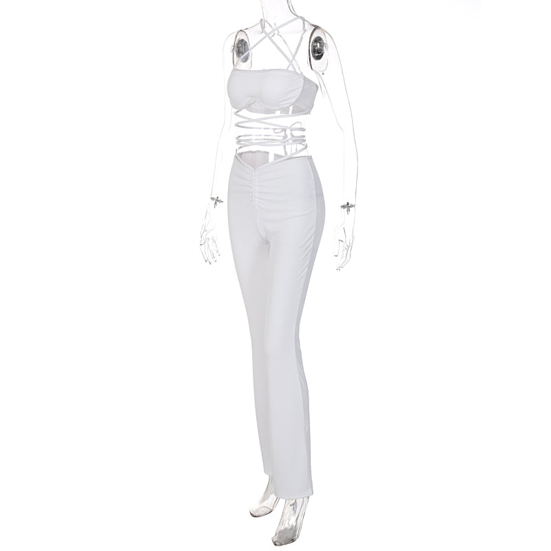 Voguable Solid Women Halter Sleeveless Bandage Ruched Crop Bra High Waist Leggings 2 Piece Set 2021 Autumn Y2K Streetwear Outfit voguable