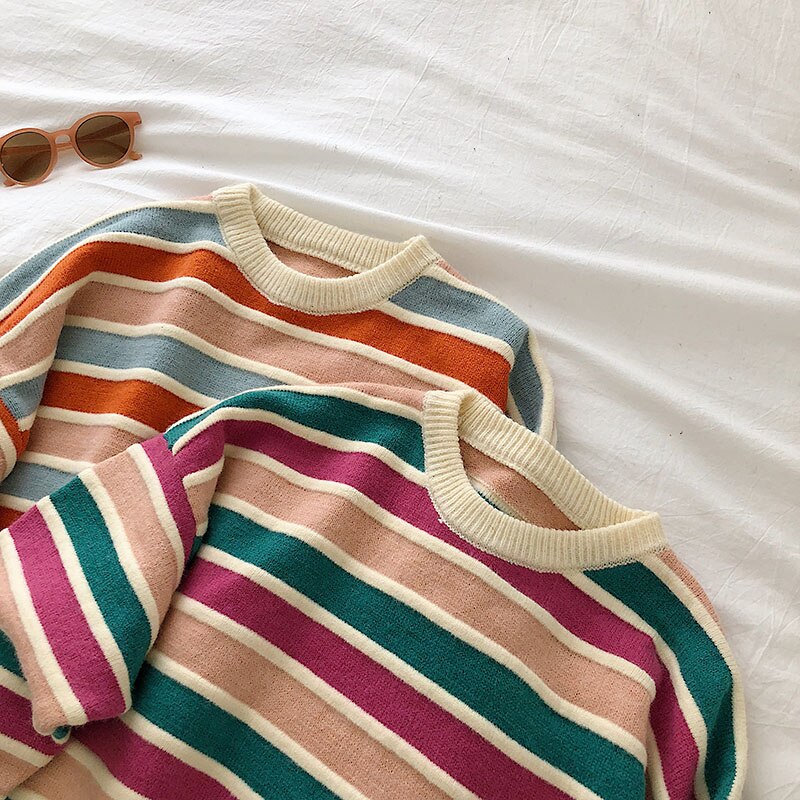Voguable New Women Stripe Sweater Autumn Winter Loose Long Sleeve Pullover Tops Korean Ladies Knitted Patchwork Korean Sweaters voguable