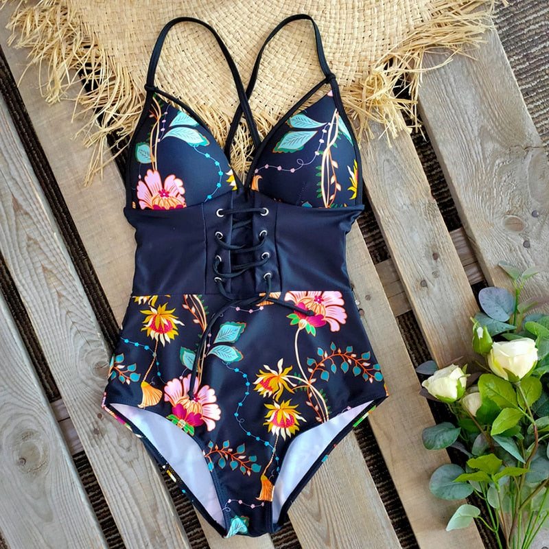 Voguable 2022 New Abdomen Control Wasit Push Up Swimsuit Print Swimwear Vintage Retro Bathing Suits Bodysuit Beach Wear Backless XXL voguable