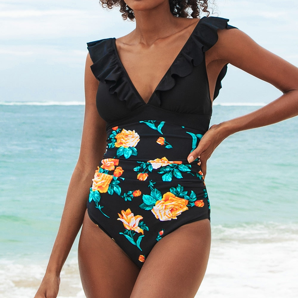 Voguable  Solid Black Ruffled One-piece Swimsuit Women Sexy Lace Up Monokini Swimwear 2022 New Girl Beach Bathing Suits voguable