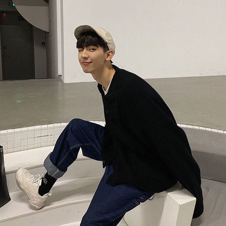 Voguable Oversize Cardigan Men Thick Ins Autumn and Winter Retro Loose Casual Button Solid Color Couple Knit Mens Cardigan Sweater Coat voguable