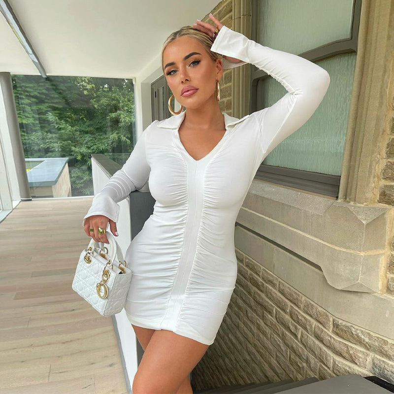Voguable   2022 Solid Pleated Polo Neck Long Sleeves Mini Dress Summer Autumn Women Fashion Streetwear Y2K Elegant Wear voguable