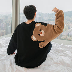 Voguable Plus Velvet Thick Autumn And Winter Round Neck Long-Sleeved Lamb Hair Embroidery Flocking Comic Bear Loose Lazy Style Sweatshirt voguable