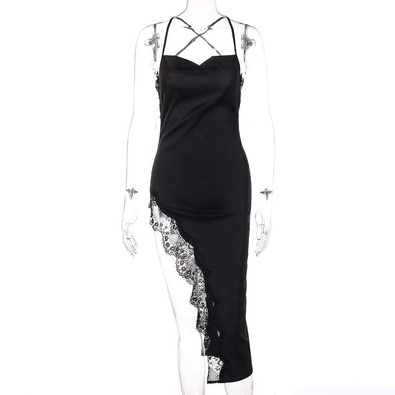 Voguable  Satin Solid Halter Bandage Backless Lace Sexy Irregular Maxi Dress 2022 Spring Sexy Evening Party Elegant Robe voguable