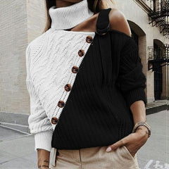 Autumn Winter Fashion Button Turtleneck Knitted Sweaters Women Jumper Strap Pullover Long Sleeve One Shoulder Knitwear Female voguable