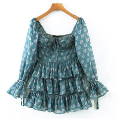 Voguable  Summer Women Floral Print Ruffle Cake Chiffon Dress Sexy Collar Long Sleeve Holiday Vintage Dress Ladies Short Robe voguable