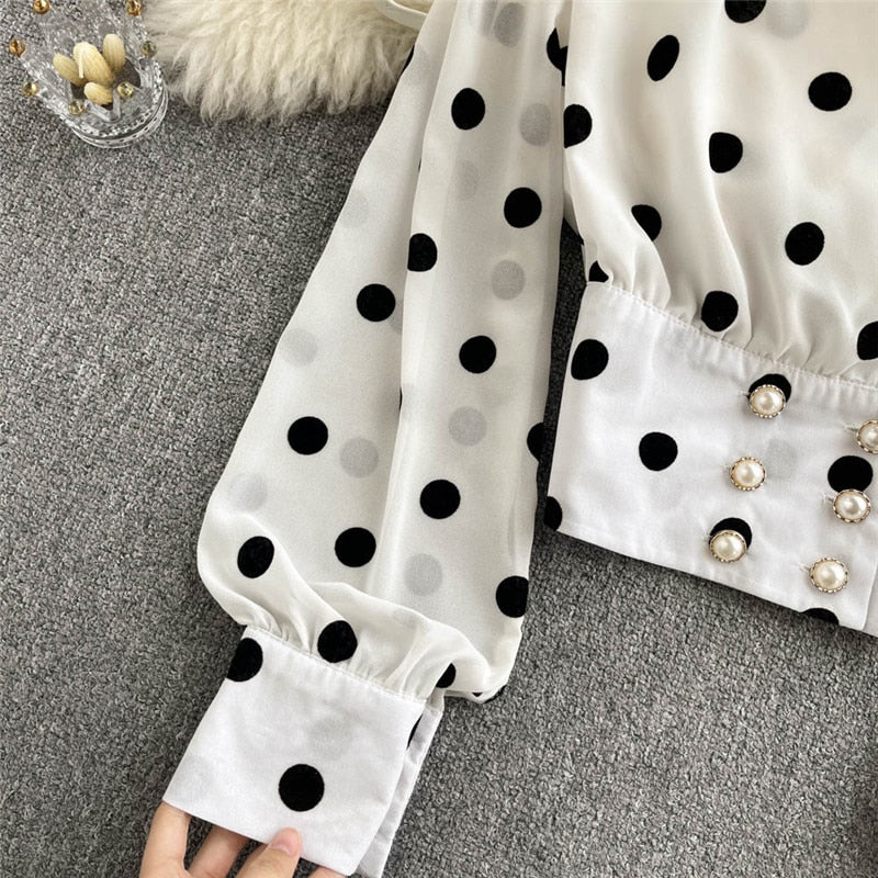 Voguable  Women Polka Dot Shirts Vintage Double Breasted Long Sleeve Slim Tops Spring Fashion Korean White Short Blouses 2022 voguable