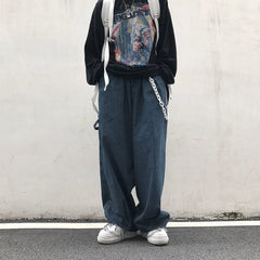 Voguable 2022 Fashion Individuality Japanese-style Jean Men Loose Stripe Denim Pant Bule/Black Man and Women Hip hop Streetwear Trouser voguable