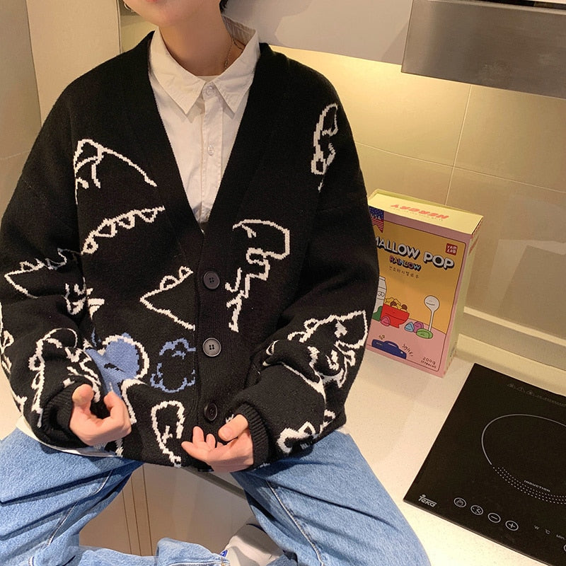 Voguable  2021 Oversized Cardigan Knitted Sweater Streetwear Loose Male Top Coat 2021 Hip Hop Sweater Cartoon Pattern Pullovers voguable