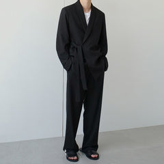 Korean Trend Men's Cotton Suit Coat Loose Casual Bandage Belt Blazers New   Autumn Blazer Khaki Men's Clothing voguable