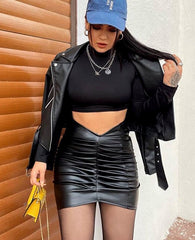 Voguable  Pu Leather High Waist Folds Zipper Sexy Mini Skirt 2022 New Fashion Women Elegant Streetwear Party Clothings Y2K voguable