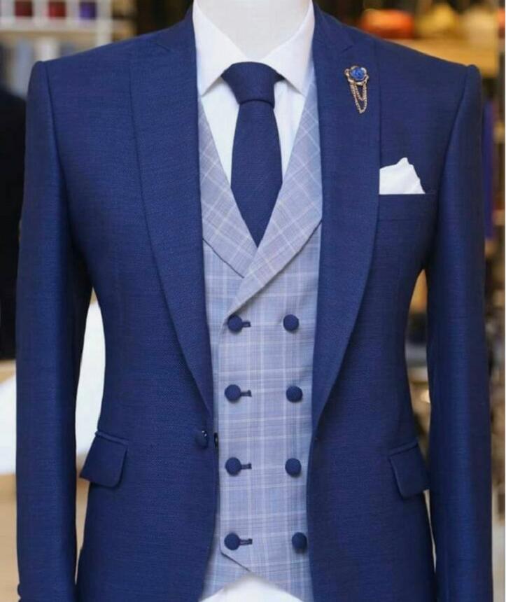 Voguable 3 Piece Blue Men Suits for Wedding Peaked Lapel Groom Tuxedo Male Fashion Set Jacket Plaid Vest with Pants New Arrival 2021 voguable