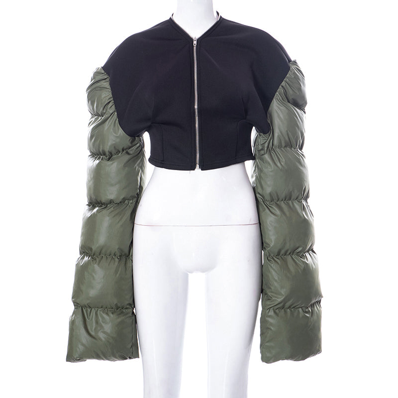 Voguable Patchwork Down Coat Puffer Jacket Coats Extra Long Sleves Women Christmas Bubble Cropped Outerwear Warm Clothing voguable