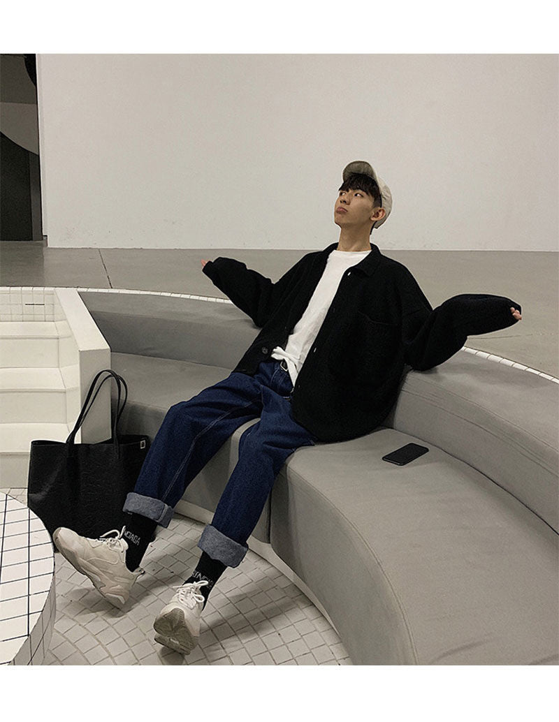 Voguable Oversize Cardigan Men Thick Ins Autumn and Winter Retro Loose Casual Button Solid Color Couple Knit Mens Cardigan Sweater Coat voguable