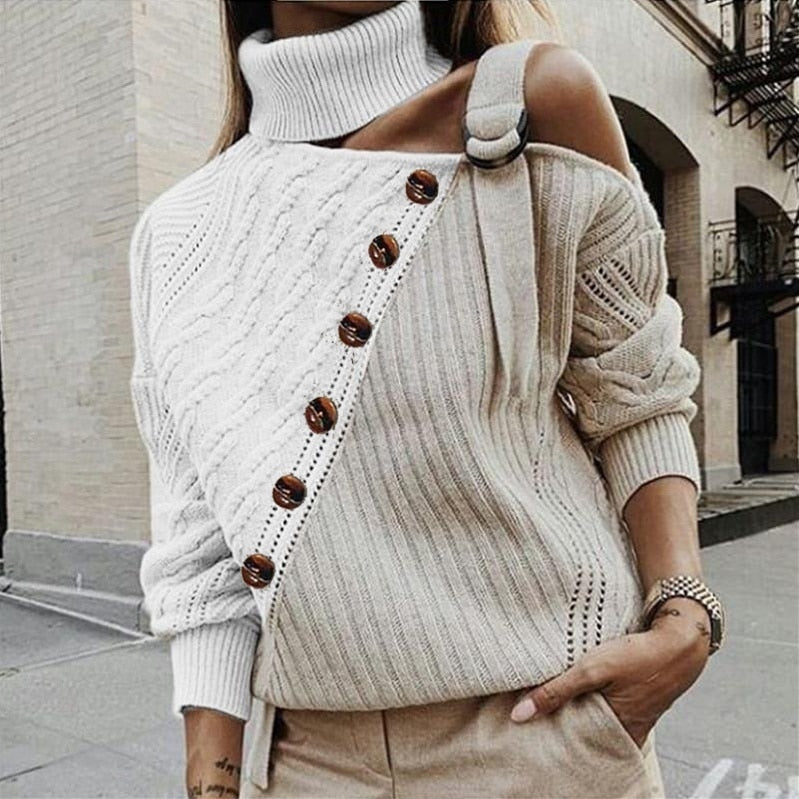 Autumn Winter Fashion Button Turtleneck Knitted Sweaters Women Jumper Strap Pullover Long Sleeve One Shoulder Knitwear Female voguable