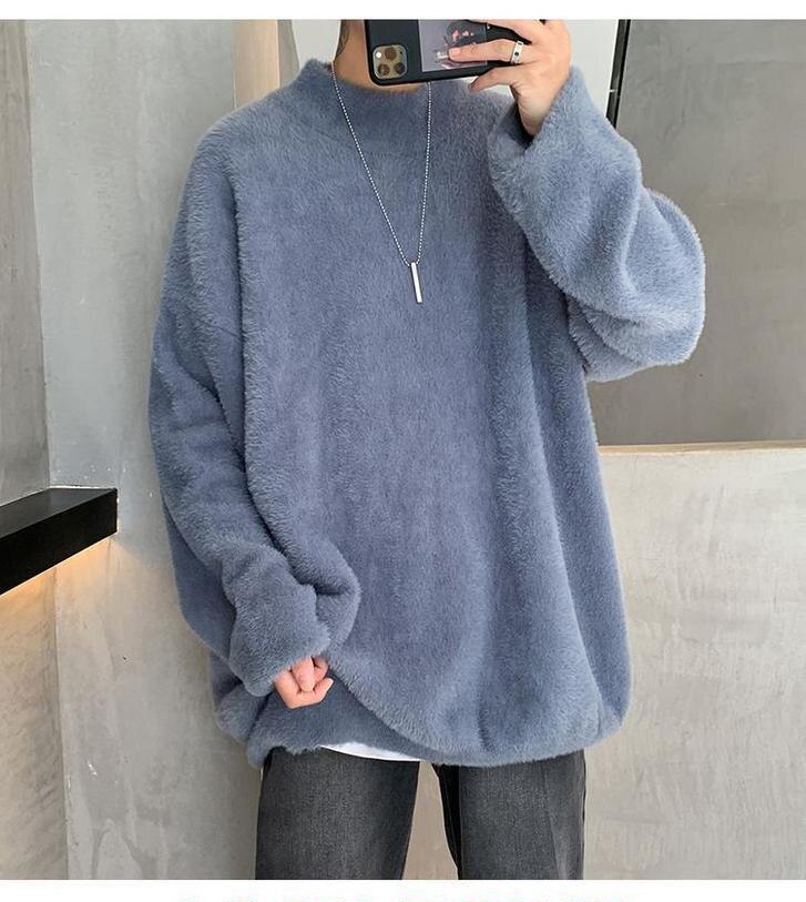 Voguable Autumn and Winter Fleece Men's Sweatshirt Loose Half High Collar Solid Color Trend Korean Wild Warm Lamb Velvet Sweater Men voguable