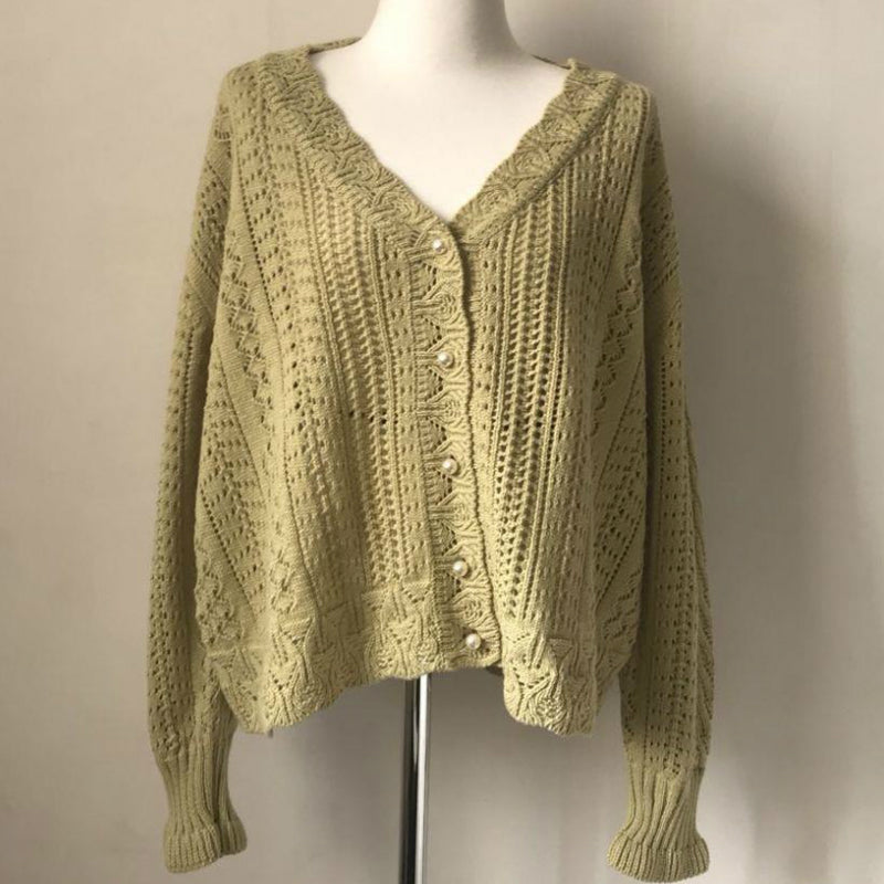 Voguable  Cropped Cardigan Women Spring Chic Hollow Out Elegant V-Neck Korean Vintage Femme Jumper White Sweet Girls Pearls Lady Knitwear voguable
