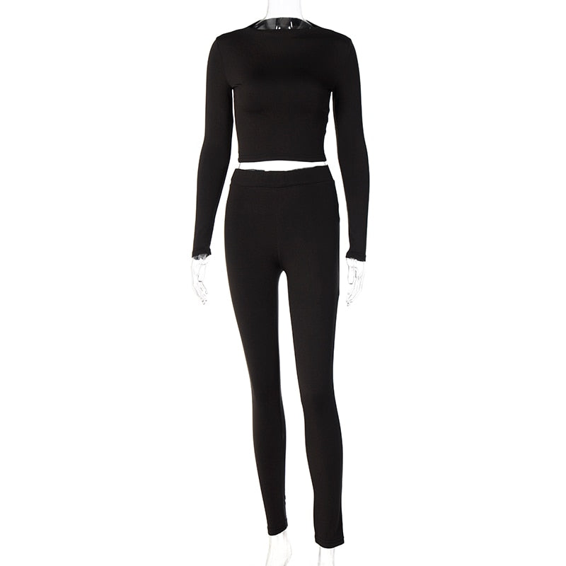 Voguable Long Sleeve Sexy Crop Tops Leggings 2 Pieces Set Summer Women Streetwear Outfits Pure Tracksuit Joggings Suit voguable