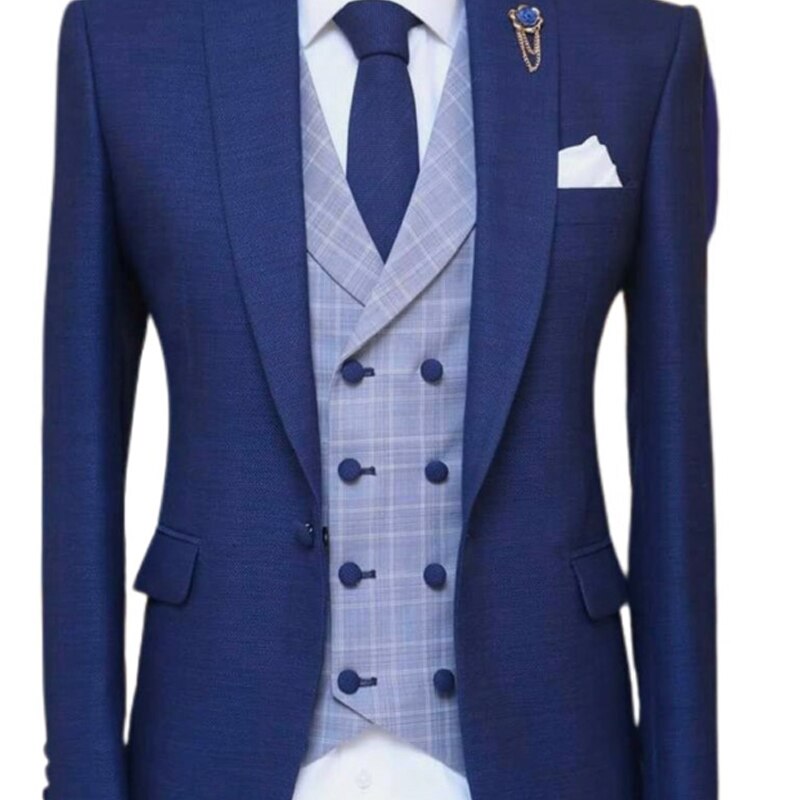 Voguable 3 Piece Blue Men Suits for Wedding Peaked Lapel Groom Tuxedo Male Fashion Set Jacket Plaid Vest with Pants New Arrival 2021 voguable