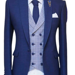 Voguable 3 Piece Blue Men Suits for Wedding Peaked Lapel Groom Tuxedo Male Fashion Set Jacket Plaid Vest with Pants New Arrival 2021 voguable