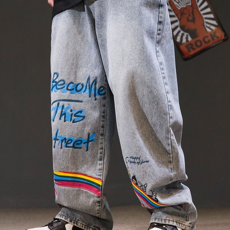 Voguable Rainbow Jeans Men Hip Hop Blue Pants Fashion Retro Baggy  Jeans Harajuku Summer High Street Casual Hip Hop Pant Streetwear Males voguable
