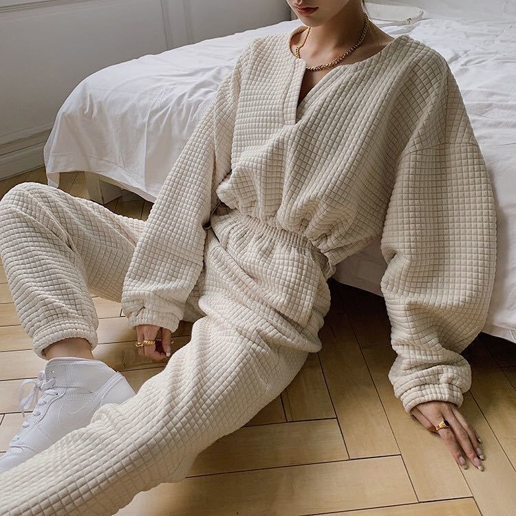 New Leisure Suit High Waist Pant Solid Loose Joggers Female Casual Two Piece Tracksuit Suit Fashion Plaid Chic Cropped Pullovers voguable