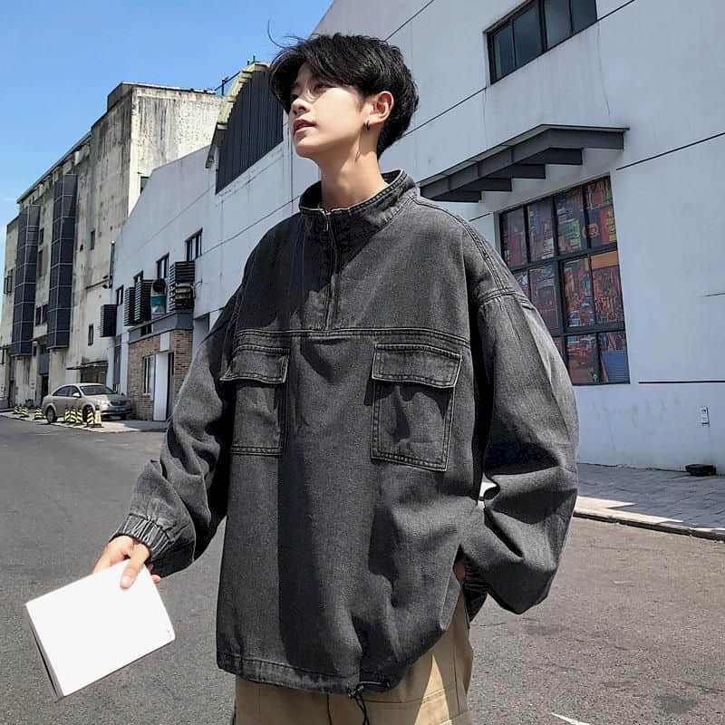 Washed Cargo denim shirt men's Hong Kong style stand-up collar jacket Korean spring autumn trend Techwear tops punk streetwear voguable
